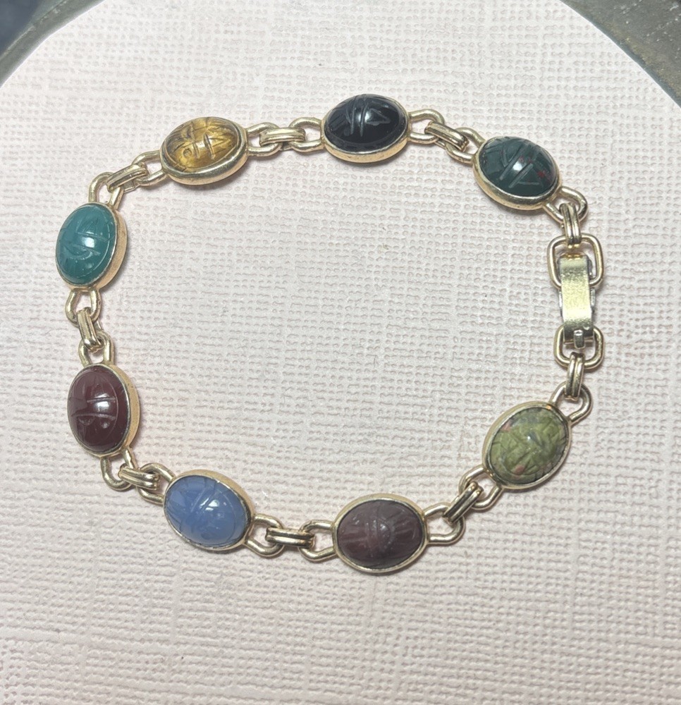 1960’s Egyptian Revival Krementz 8 Links Scarab Bracelet, 7.25”, 1/20 12K GF, VG