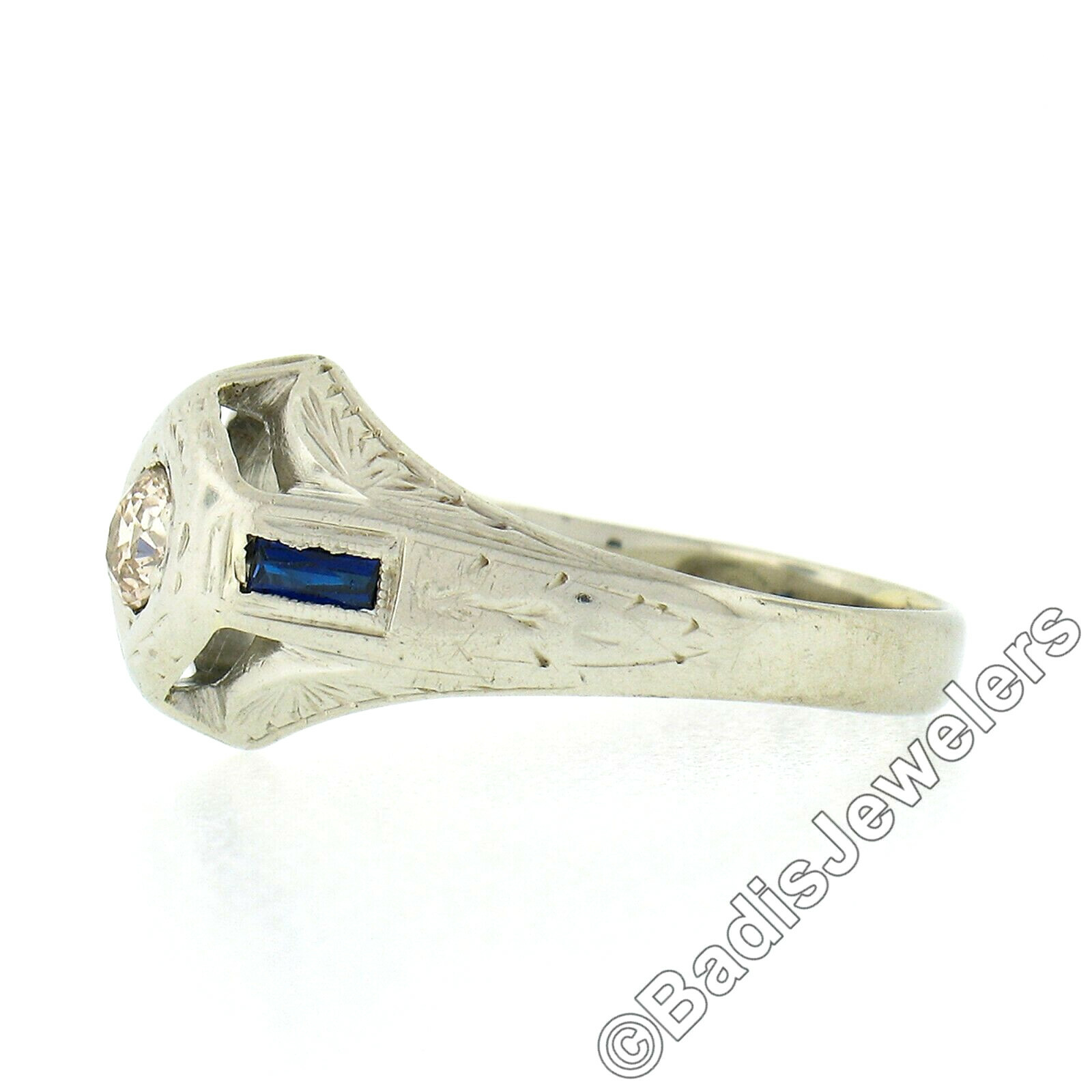 Antique Art Deco 14k White Gold European Diamond & Sapphire Hand Engraved Ring