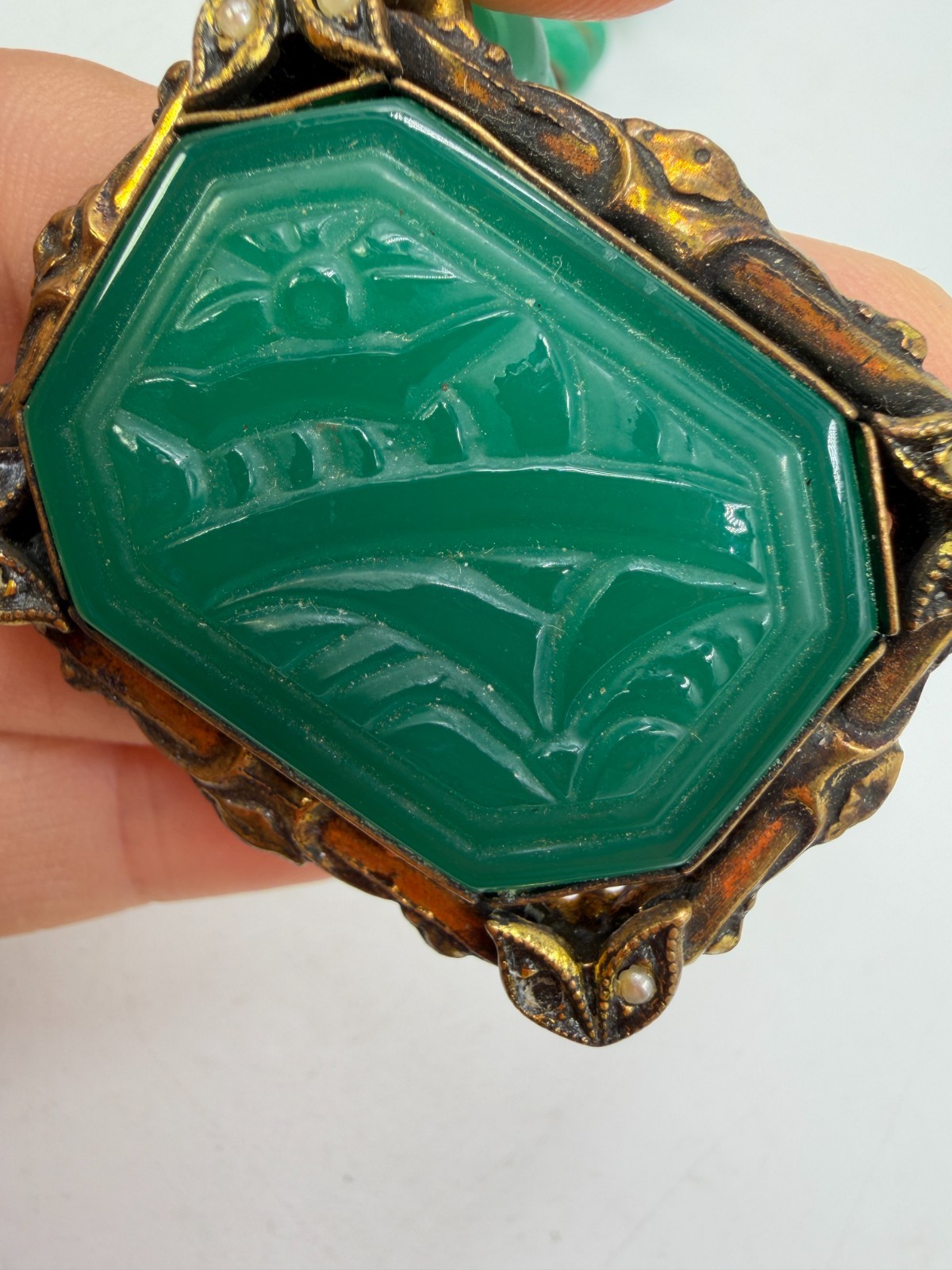 Vintage Necklace Art Deco Green Art Glass Pressed Asian Pendant PJ
