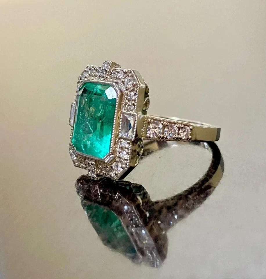 Art Deco Style Emerald Lab Created Diamond Vintage Engagement 14K Gold Over Ring