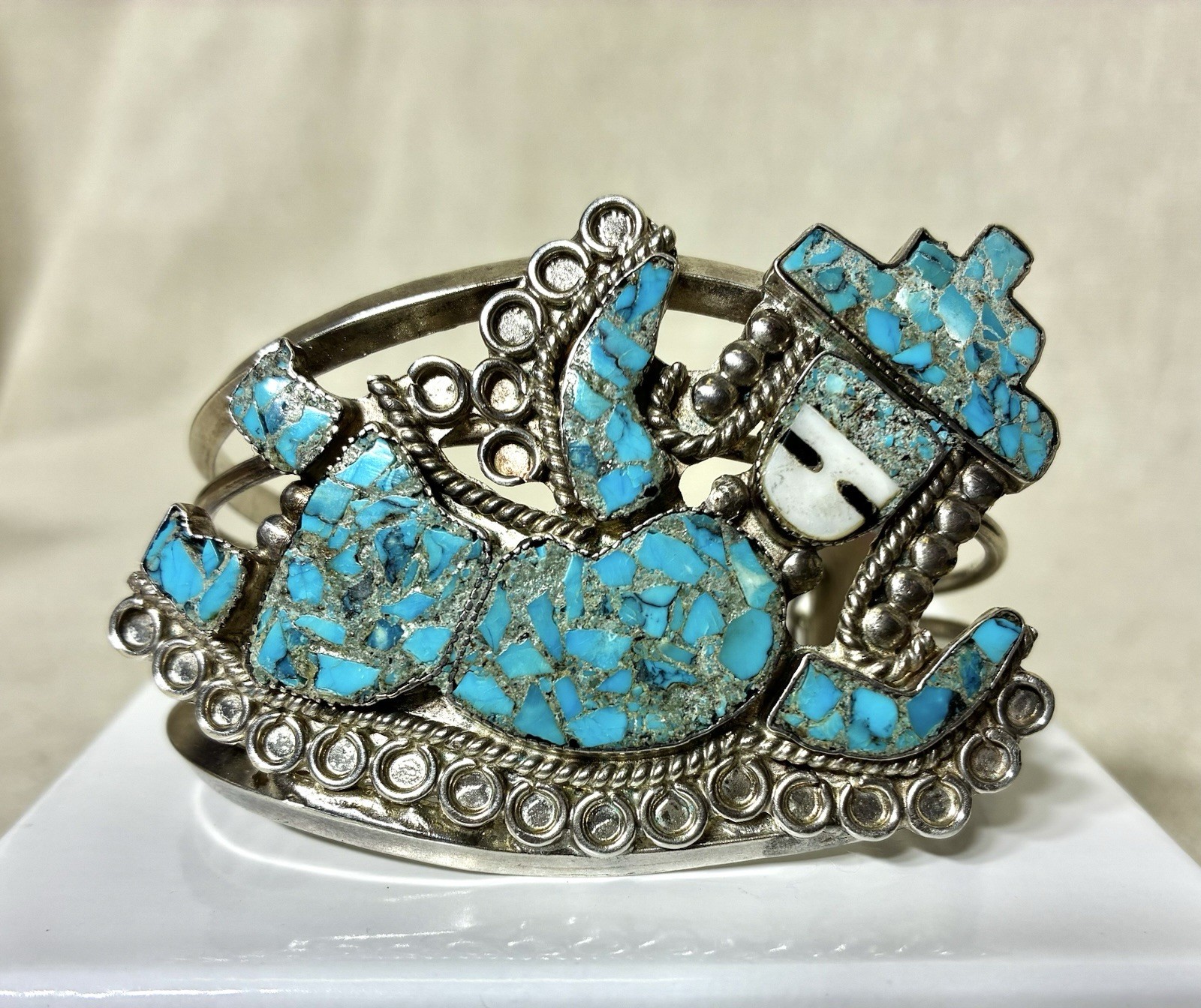Vintage Sterling Silver Kachina Style Turquoise Mosaic Inlay Cuff Bracelet 60g