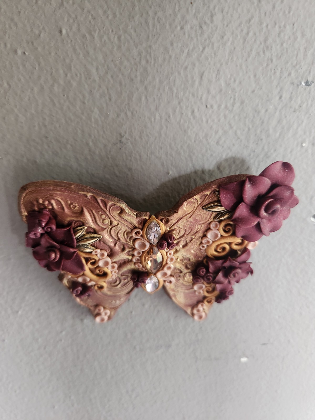 Vintage Decorative Butterfly Brooch • Copper & Maroon Color with Faux Gemstones