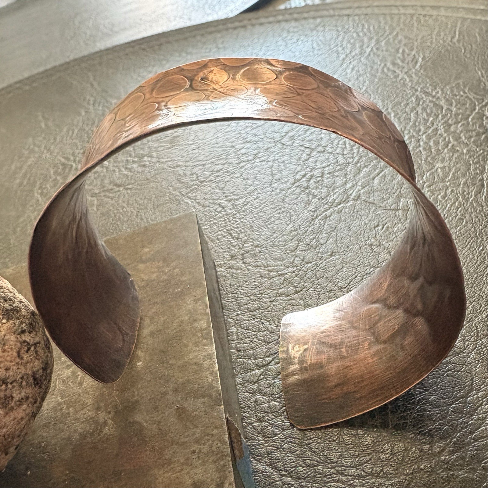 Wide Pure Copper Concave Cuff, Embossed Pattern Artisan Bracelet 1.5” Wide