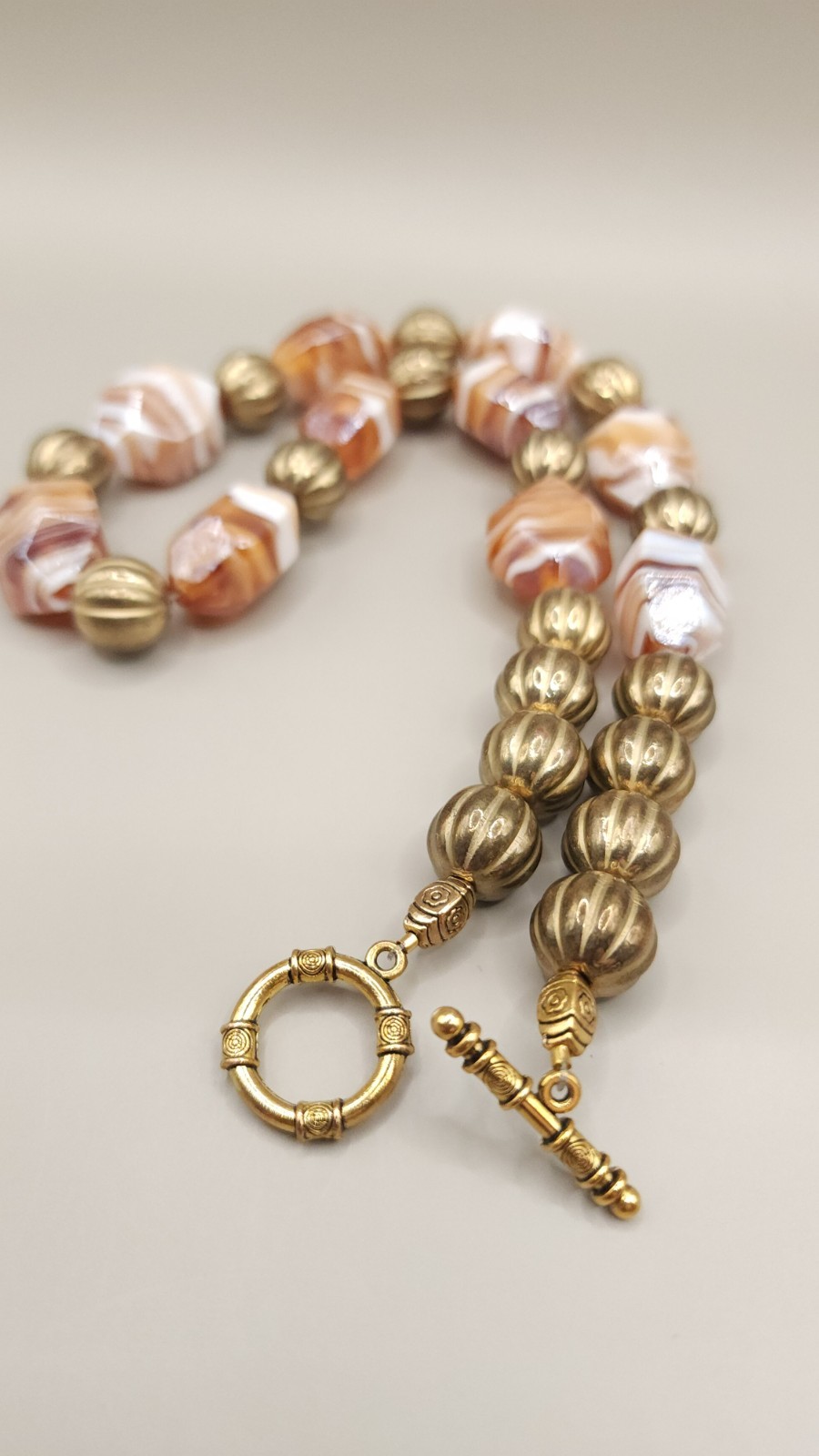 VTG 1960s Italian Art Glass Chunky Bead Necklace Bracelet Set Swirl Amber Brown