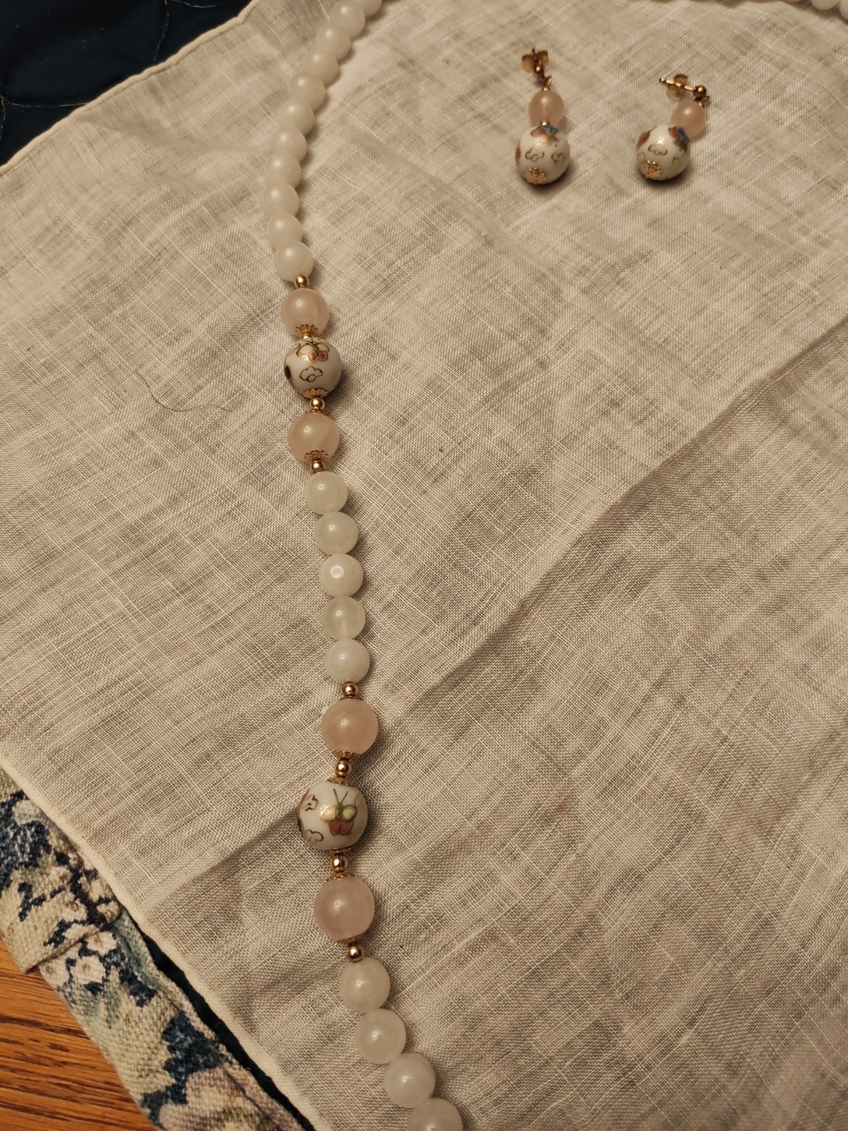 White Glass & Pink Quartz Butterfly Cloisonne Beads Necklace & Earrings Set 27 L