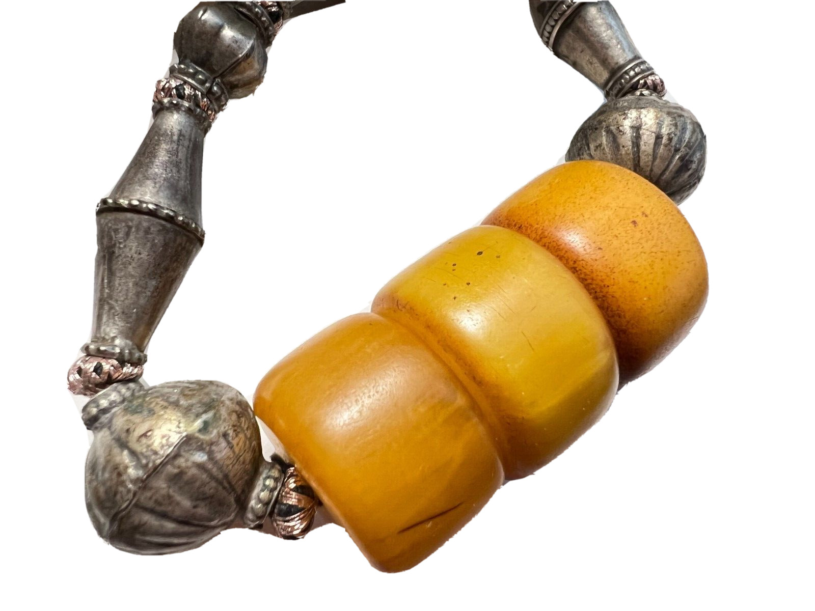 ATQ Yemeni Bedouin Ethnic Butterscotch Bakelite Silver Alloy Beads Necklace 19.5