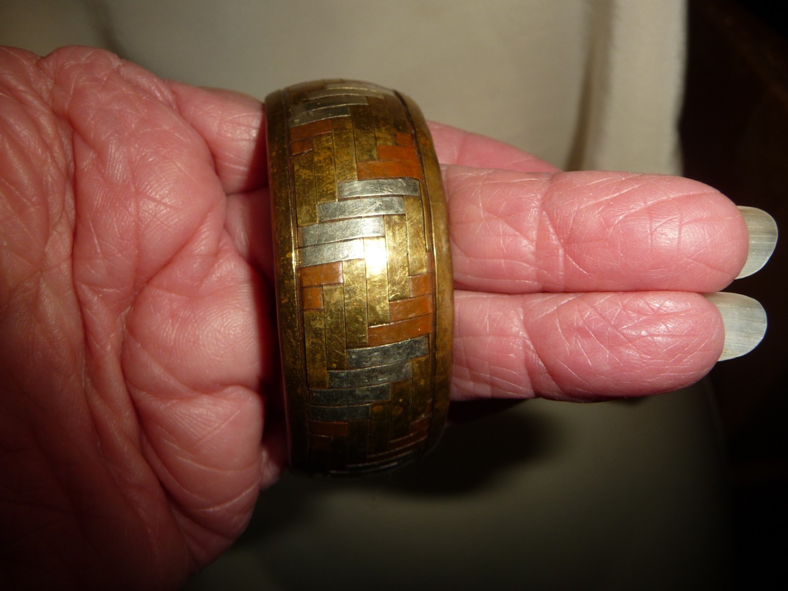 SILVER GOLD & COPPER TONE INLAYED CUFF 1” W BRACELET #31/2