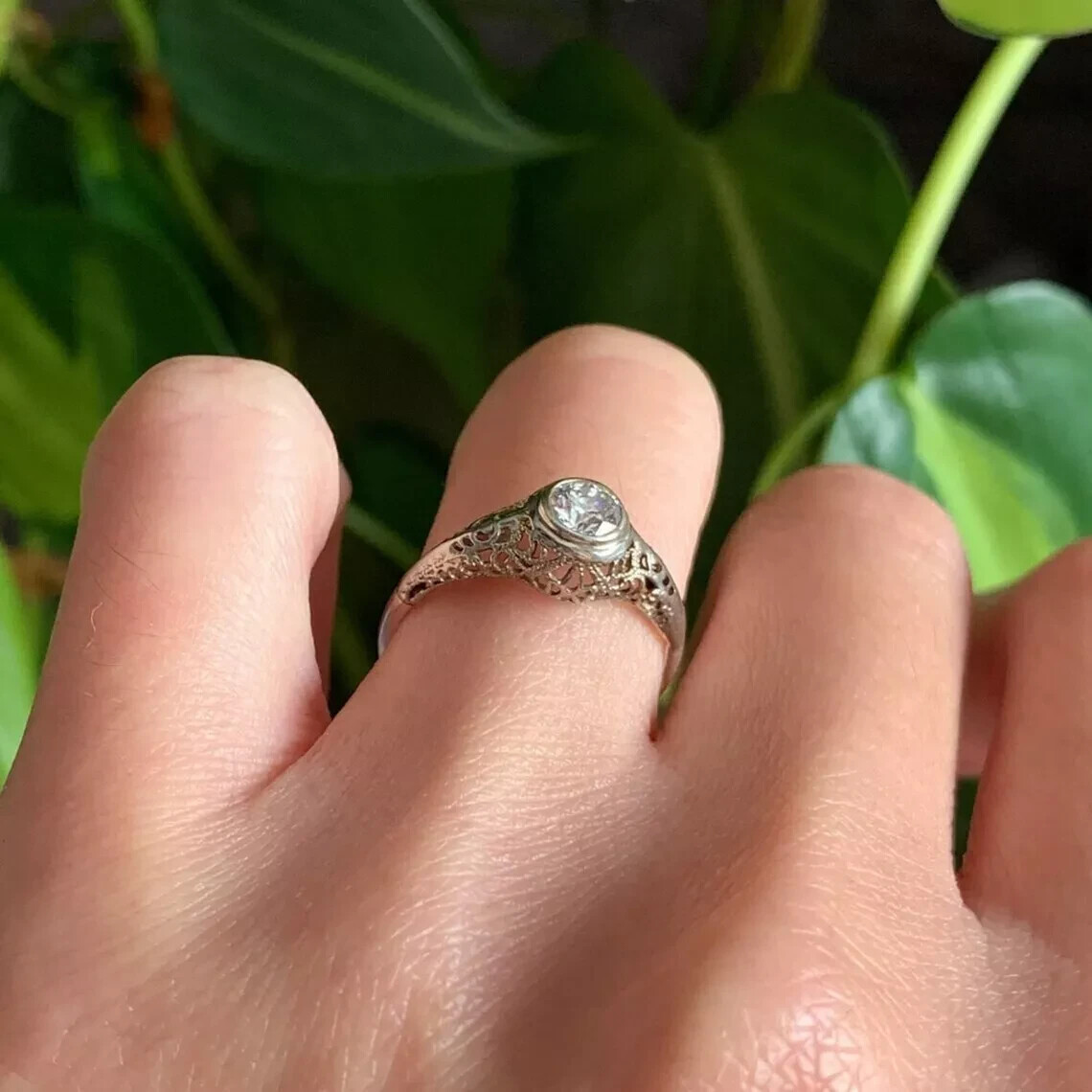 Art Deco Vintage Lab Created Diamond 14K White Gold FN Filigree Engagement Ring
