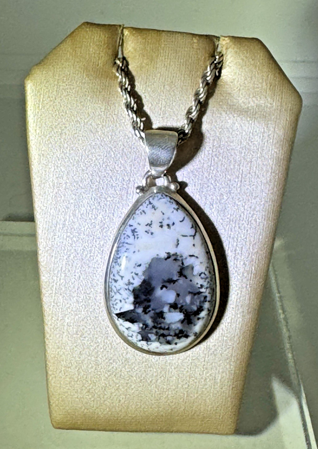 Vintage 2.25″ Sajen Pendant Necklace Dendritic Agate Rope Chain 20″ SJ 925