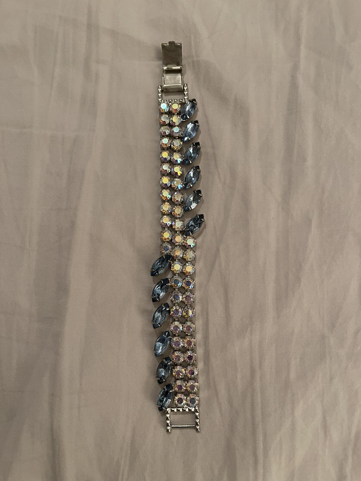 Vintage Silver Color Bracelet With Round Clear Crystals And Blue Oval Crystals