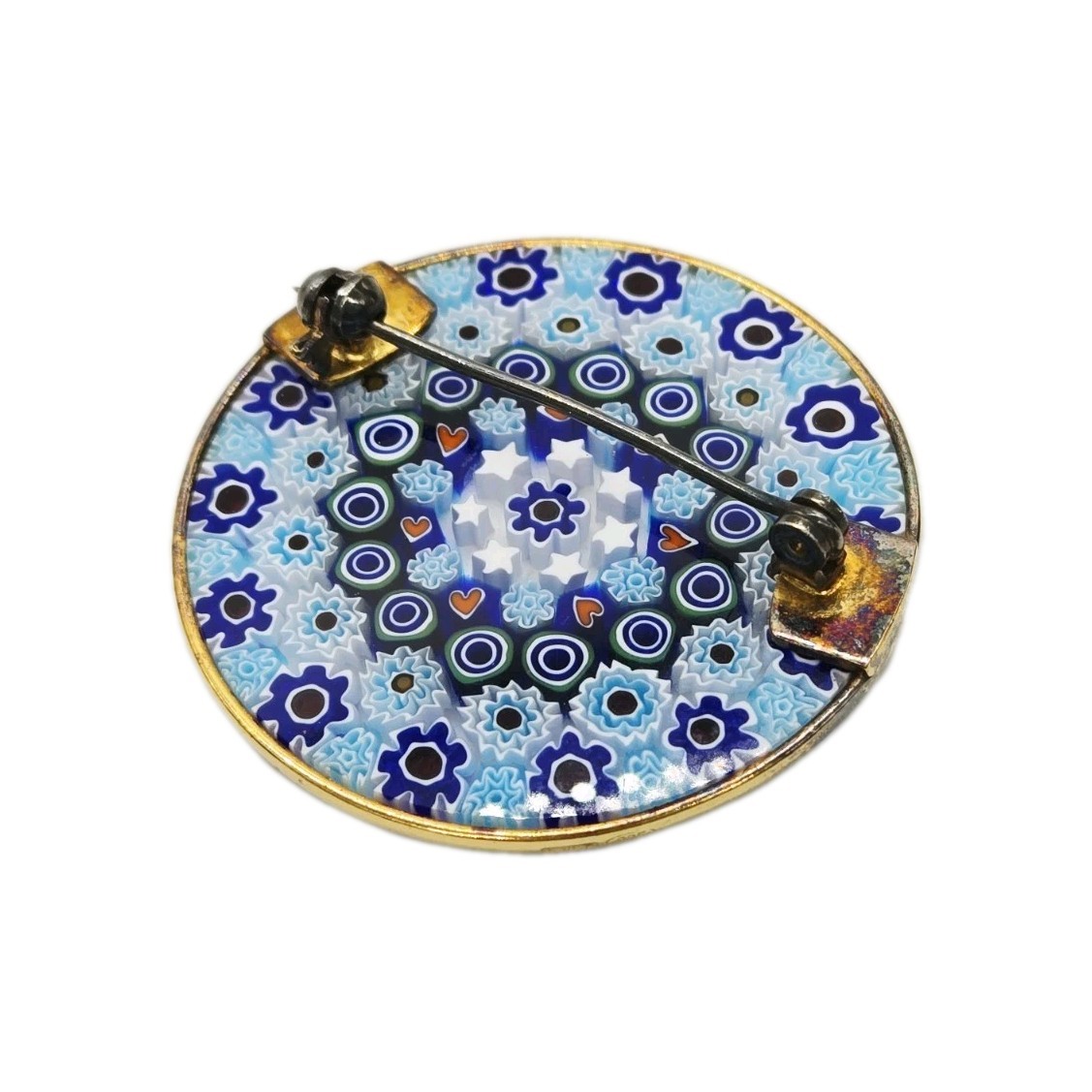 Millefiori Glass Brooch Pin Silver Venetian Murano Italy Vintage Blue 1.5 in
