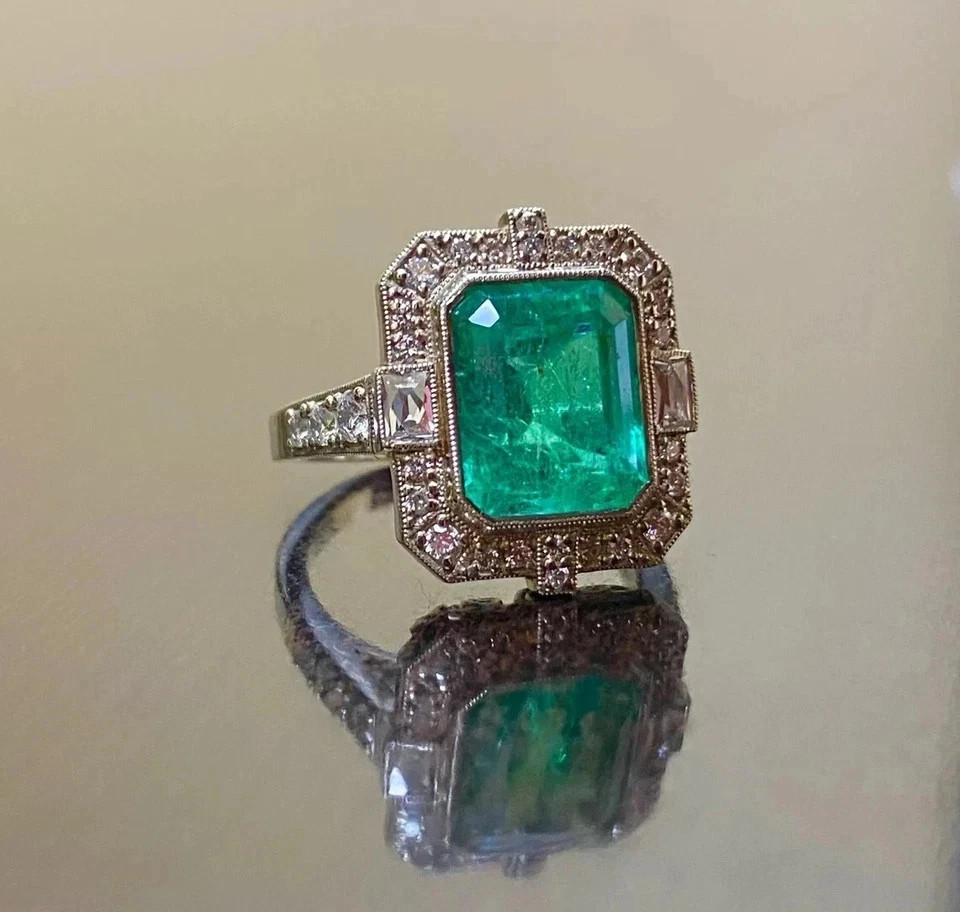 Art Deco Style Emerald Lab Created Diamond Vintage Engagement 14K Gold Over Ring