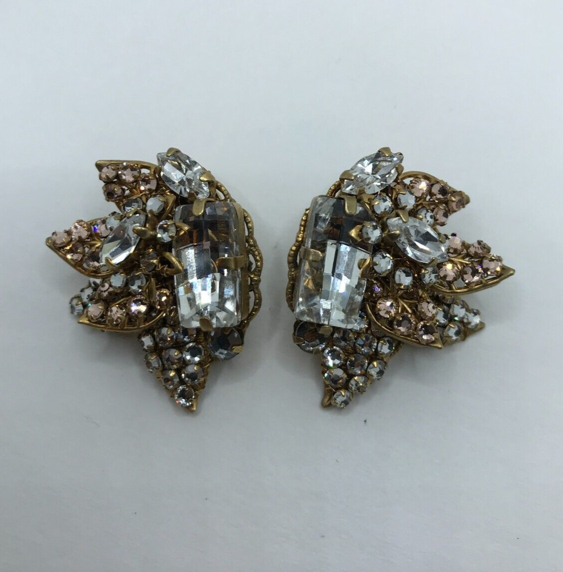 Vintage Rhinestone Clip-On Earrings Gold Tone Unknown Designer Signed