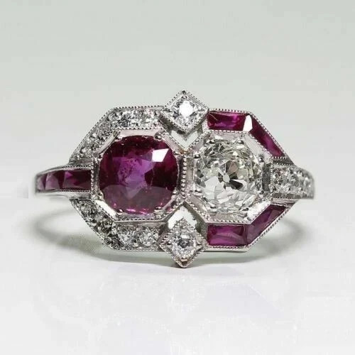 Art Deco Style Lab Created Diamond & Red Ruby Wedding 14k White Gold Finish Ring