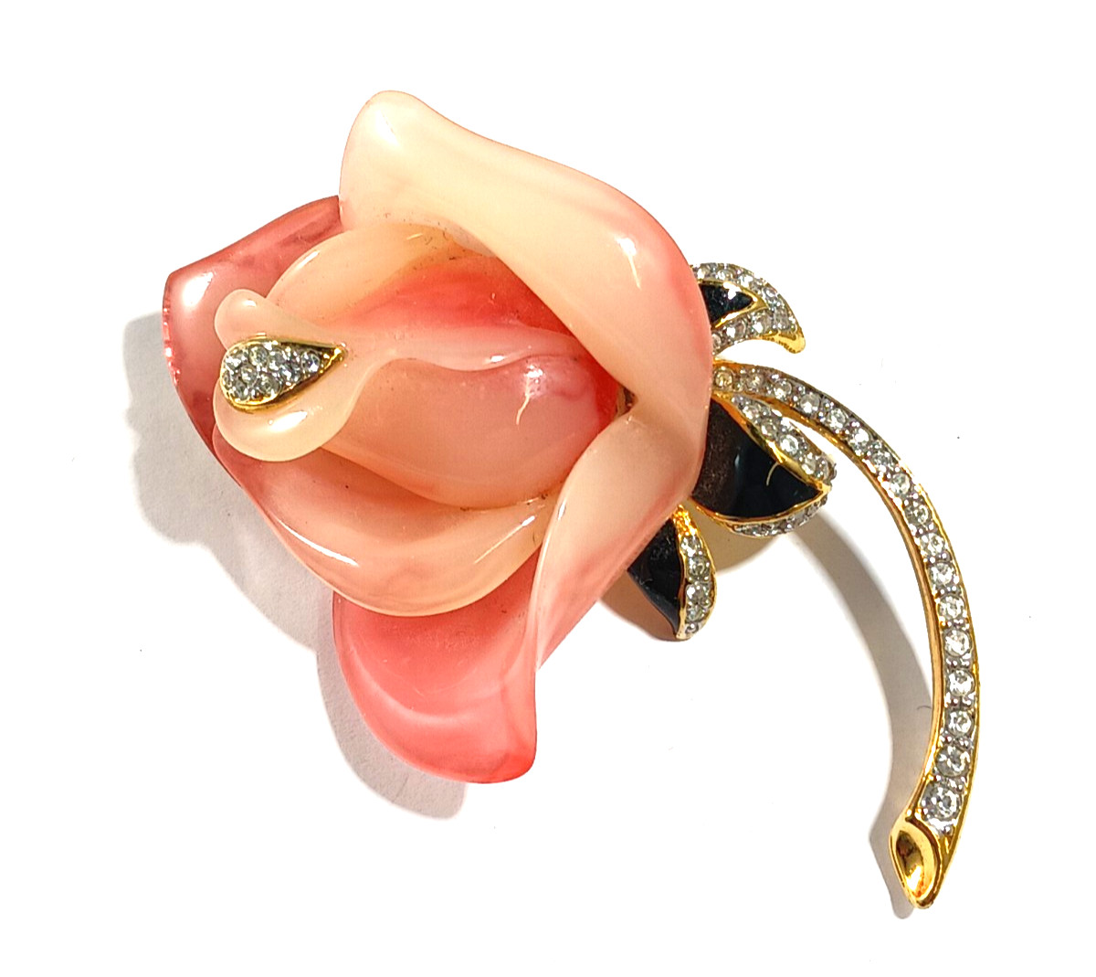 KJL Signed Pink Rose Flower Black Enamel Pave Rhinestones Brooch