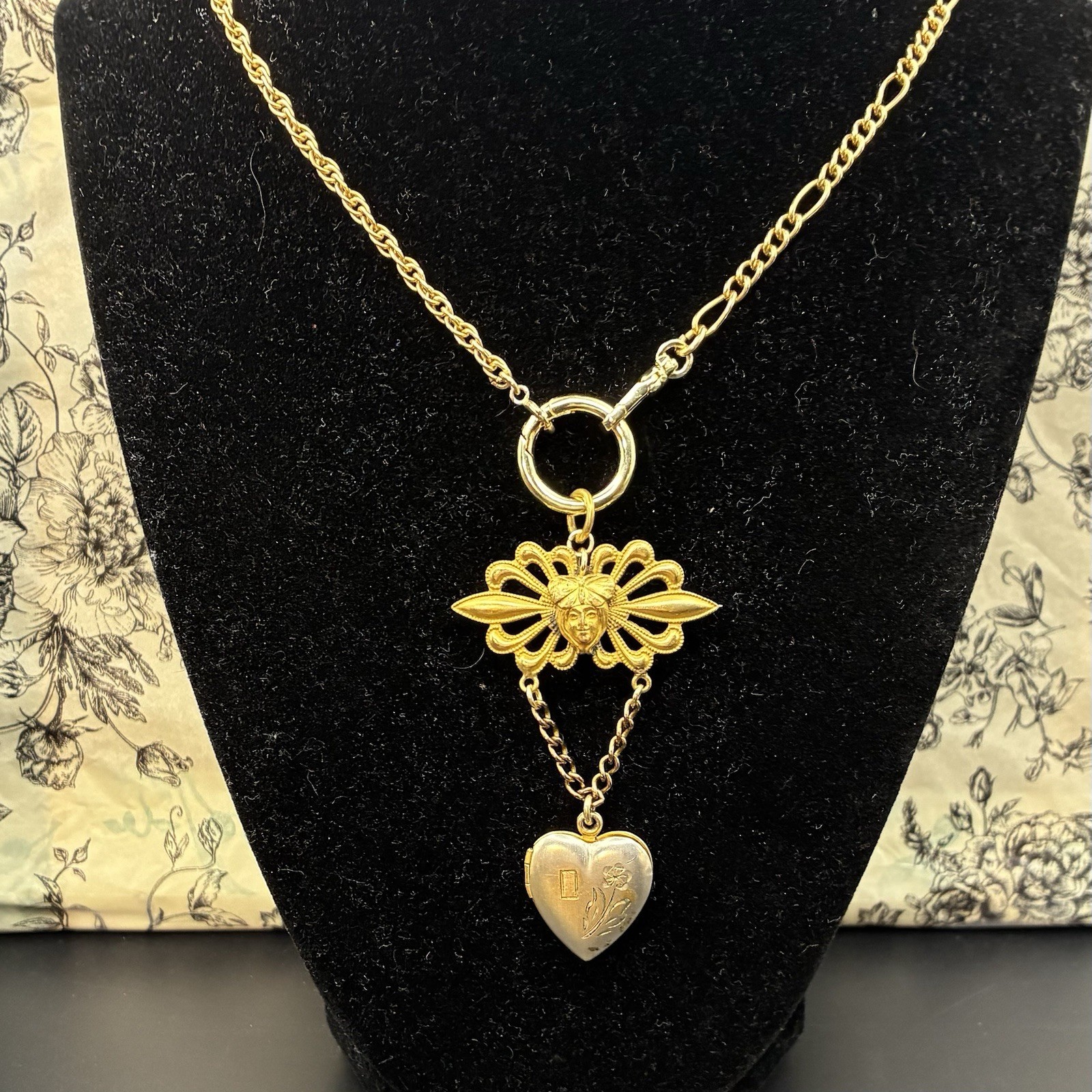 Vintage 12k Gold Filled Pocket Watch Chain FOB, Dog Clip, Extender, Heart LOCKET