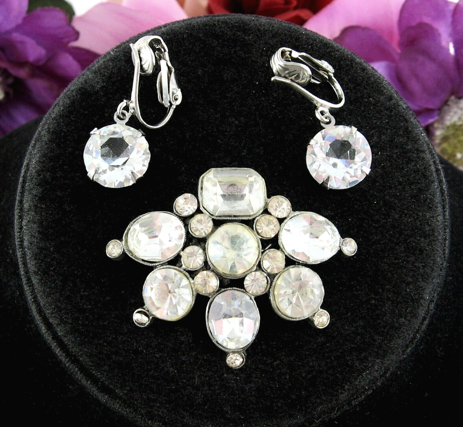 BIG RHINESTONE Brooch & Clip On EARRINGS Vintage Pin Silvertone Clear Round