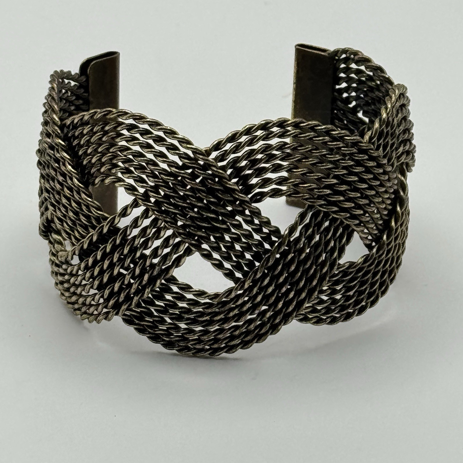 Vintage Brass Braided Mesh Wide Cuff Bracelet Boho Statement Open Bangle