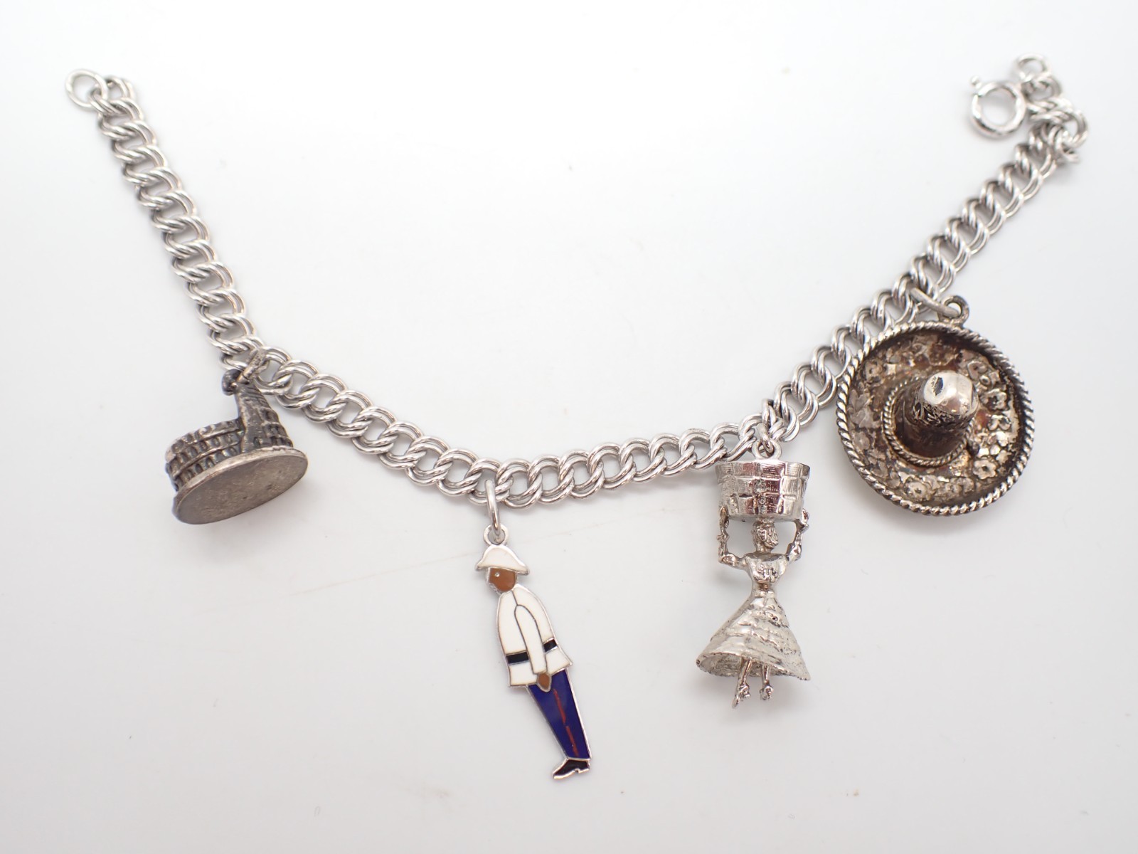 Vintage Sterling Silver Charm Bracelet with 4 Charms Colosseum Mexico Bahamas