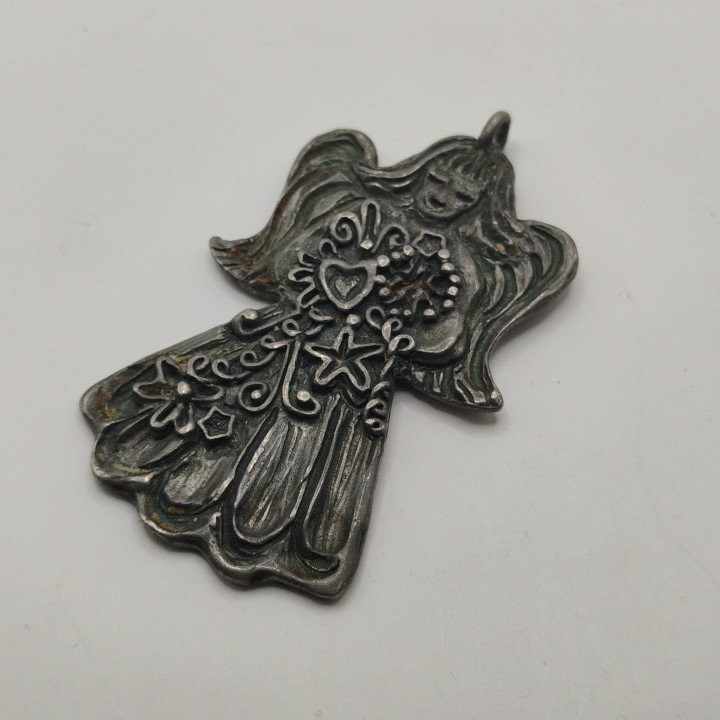 Handcrafted Pewter Angel Pendant Vintage Style Signed Marcie