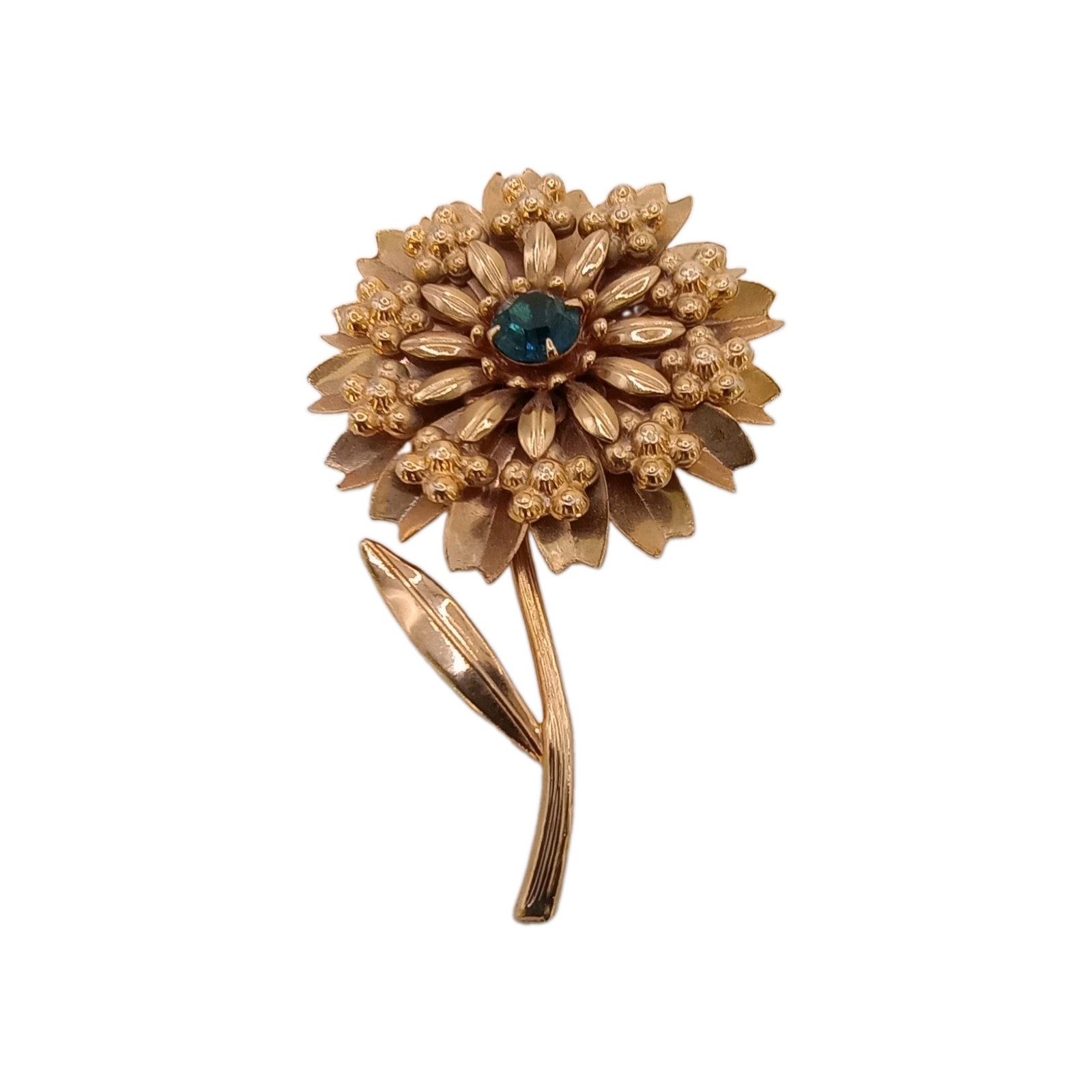 Vintage Gold Tone Flower Brooch Blue Rhinestone Floral Stem Accent Pin 3 in