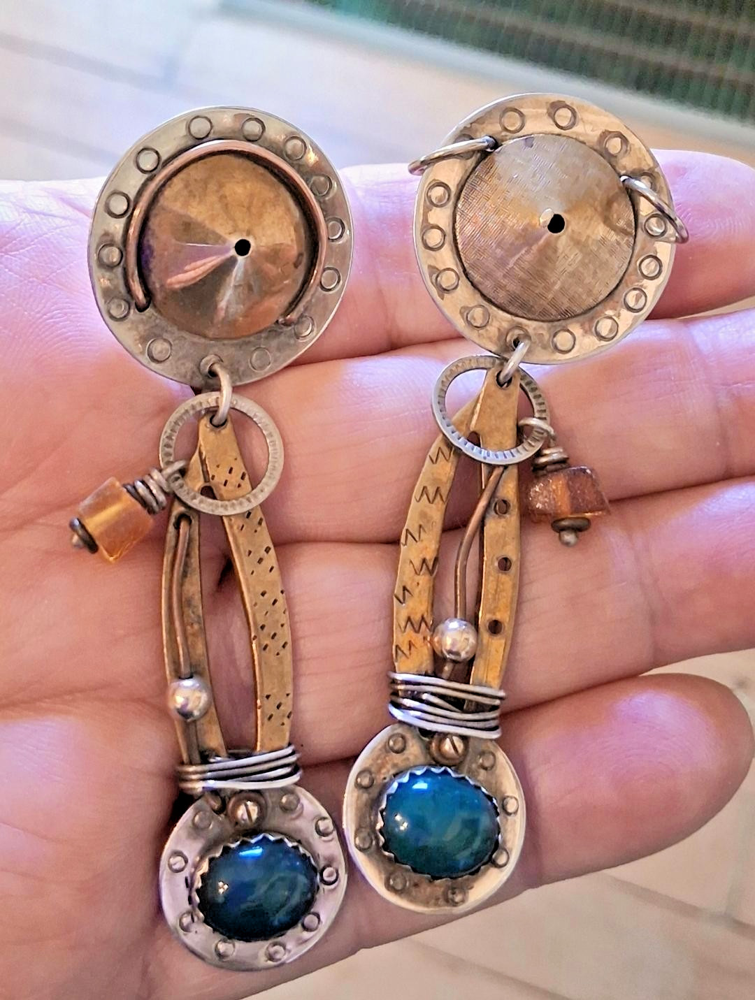 Vintage 1992 Asymmetrical Modernist Mixed Metals Rochelle Carlton Post Earrings