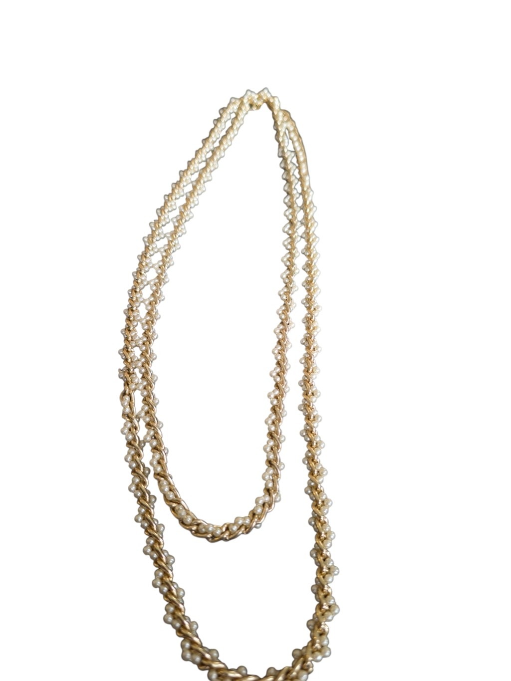 Vintage Gold Tone Twisted Chain Faux Seed Pearl Long Necklace 24″ Elegant