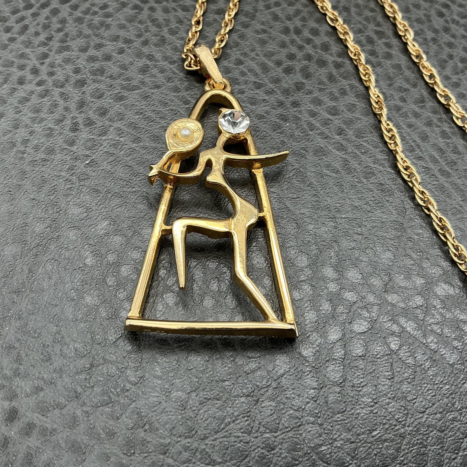 Vintage Medici Necklace Modernist Woman Figure Gold Tone Pendant Rhinestone