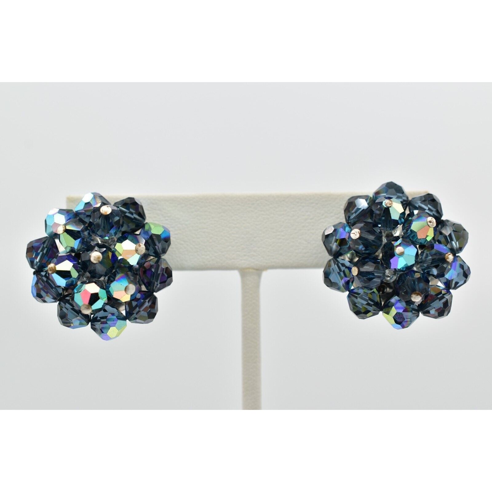 Vintage Crystal Clip On Earrings Deep Navy Blue AB Cluster Glamour 1950s A24