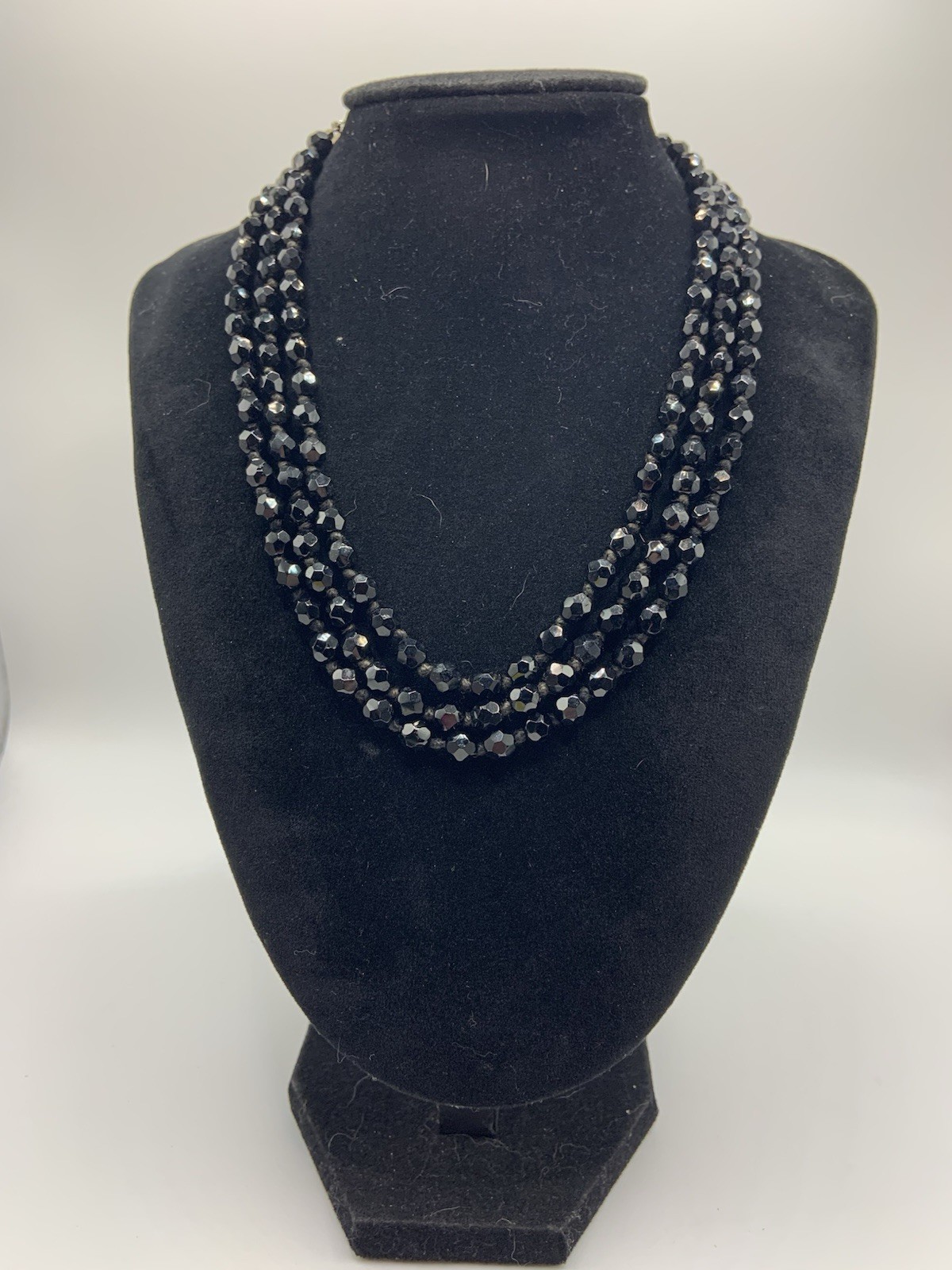 VTG Jet Black Austrian Crystal Faceted Beaded Multi Strand Necklace Signed