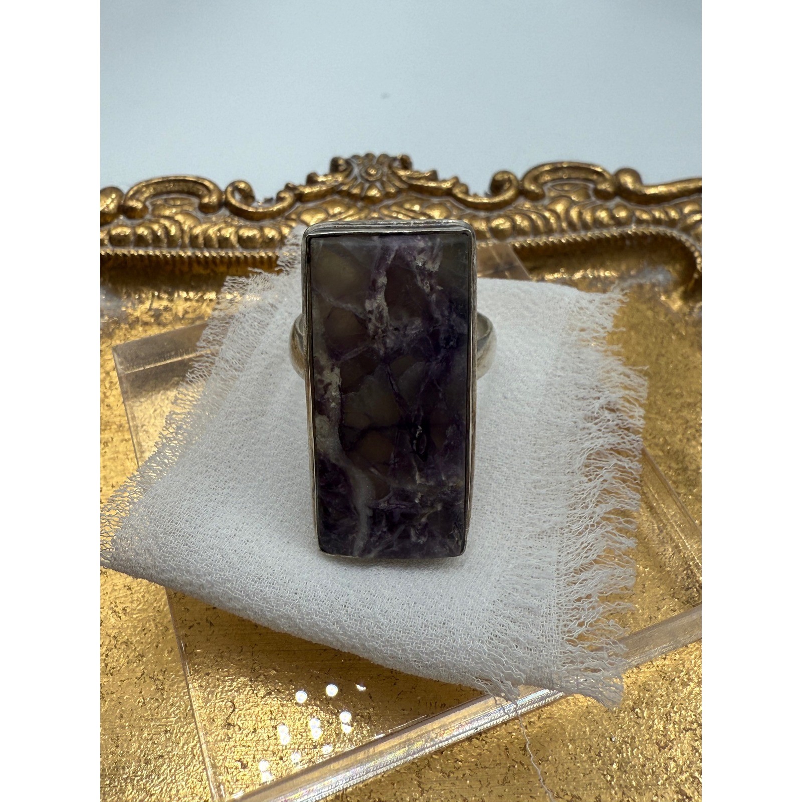 Vintage Sterling Silver Fluorite Statement Ring Large Rectangular Purple Stone