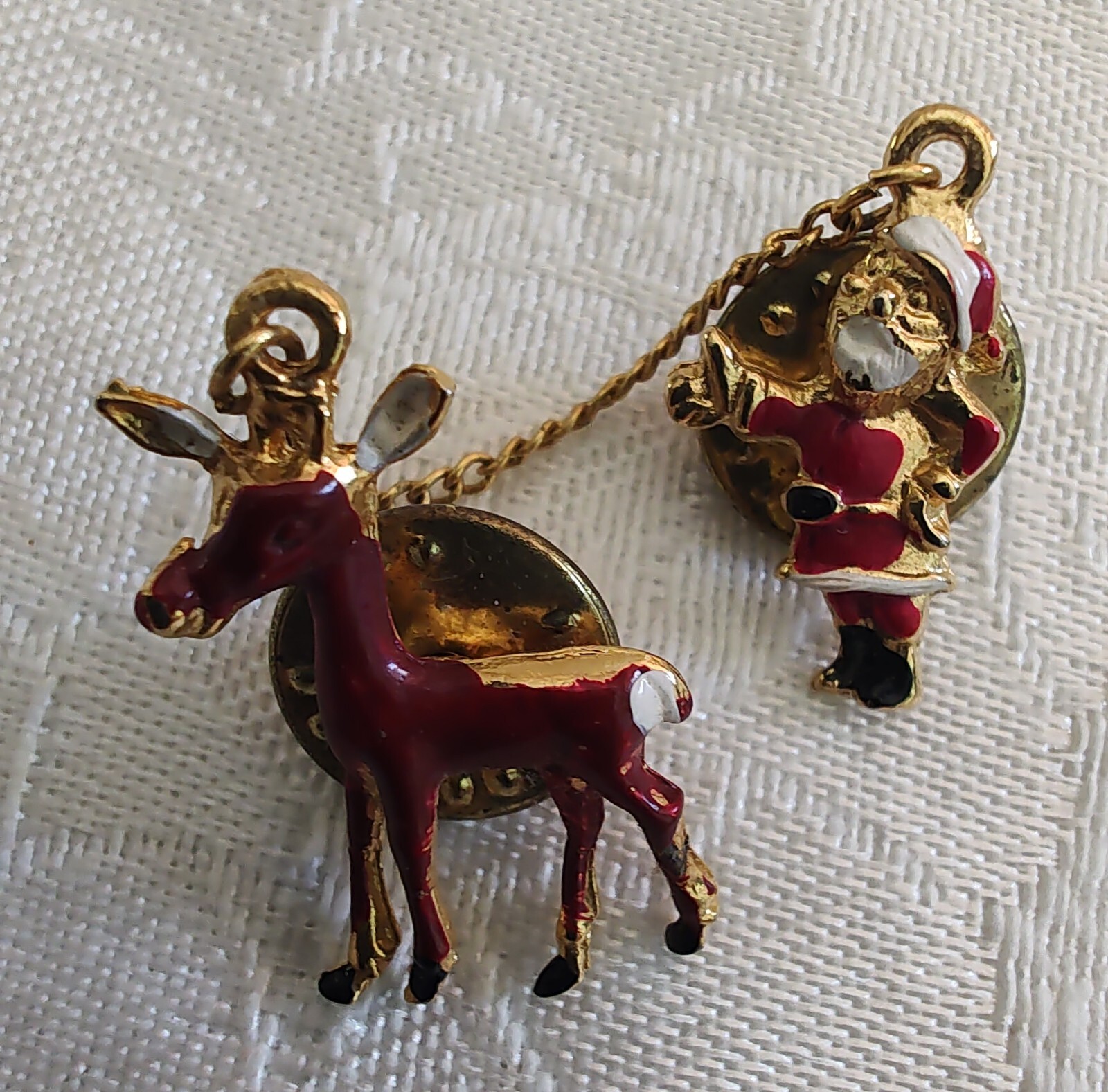 Vintage 1970s Christmas Enamel Santa & Reindeer Push Back Pins On Chain