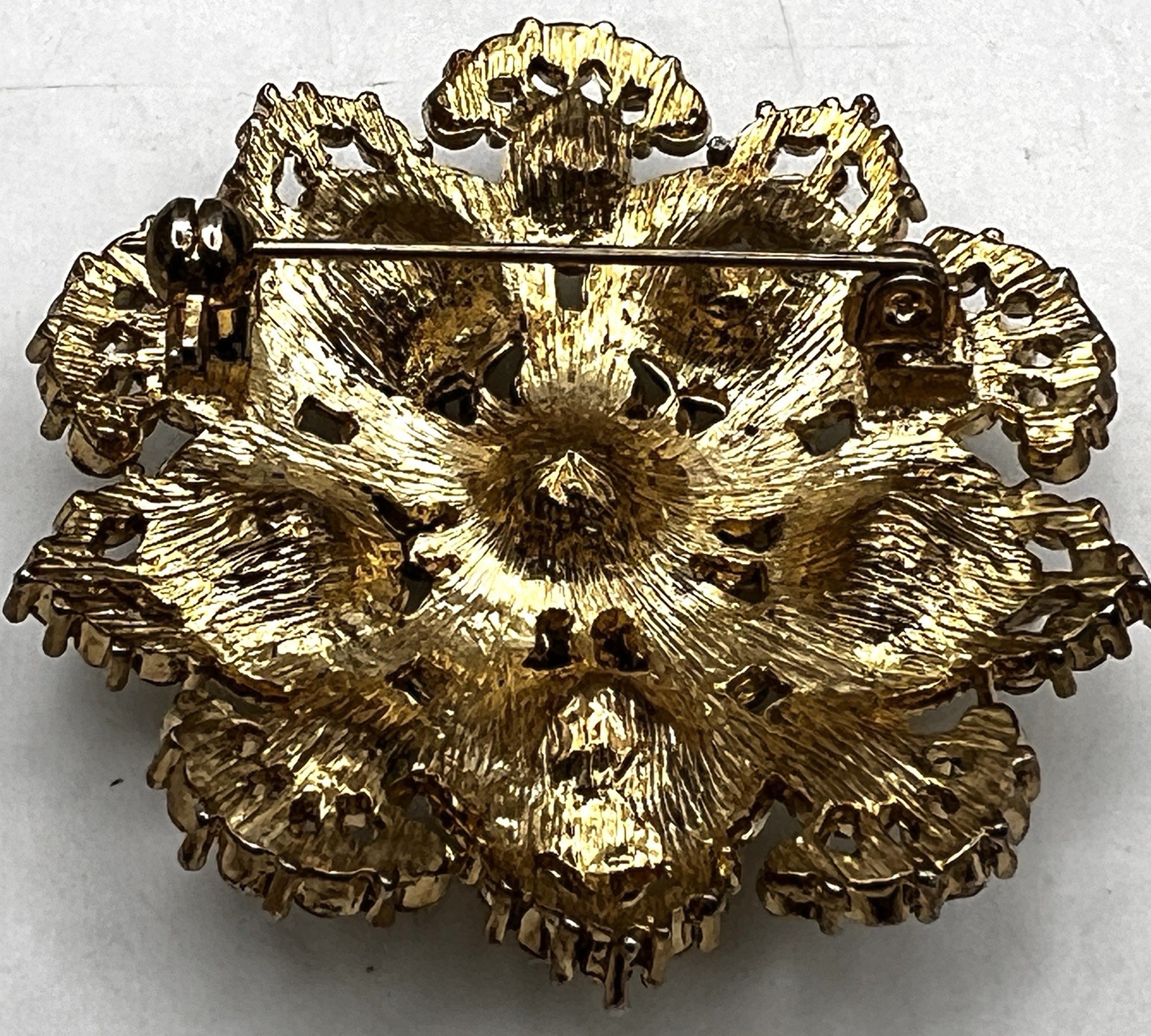 Vintage Statement Large 2” Rhinestone & Yellow Beaded Goldtone Pin Brooch
