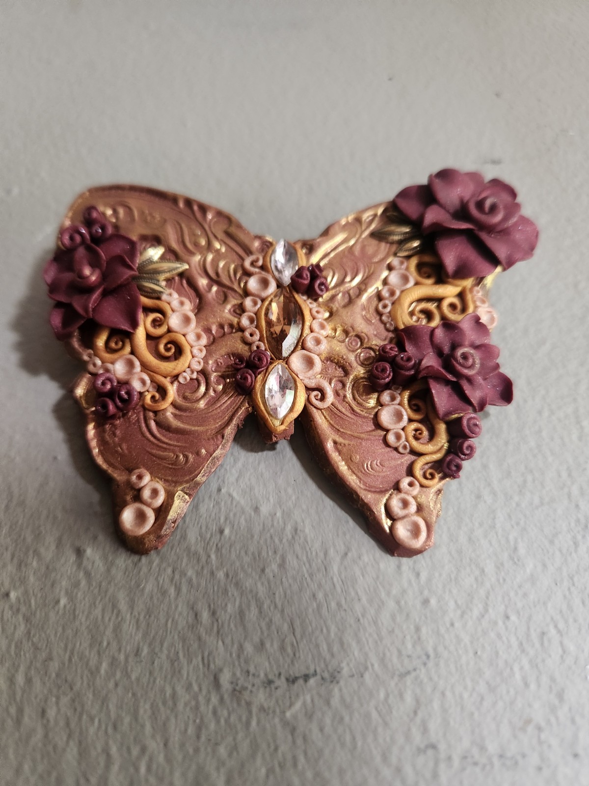 Vintage Decorative Butterfly Brooch • Copper & Maroon Color with Faux Gemstones