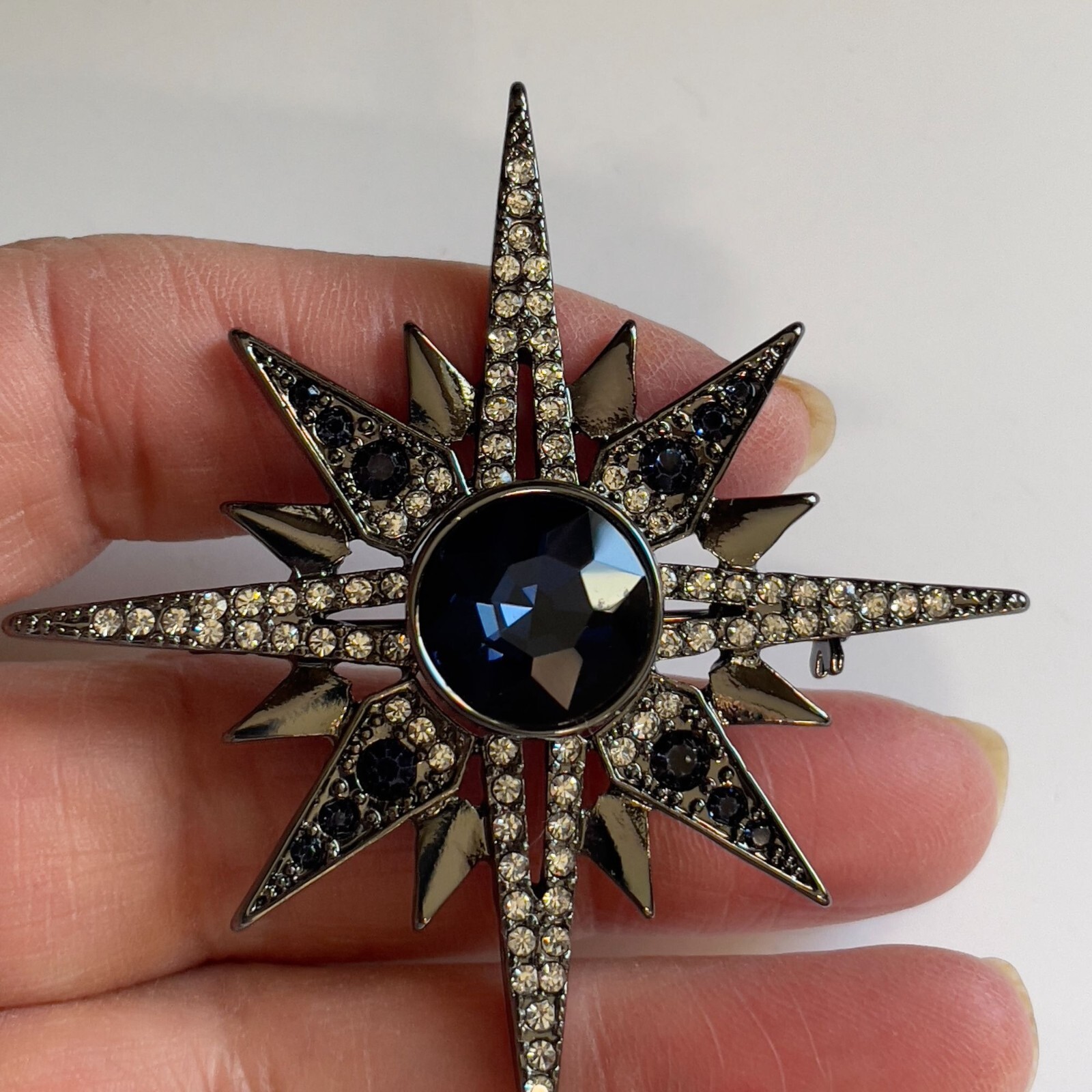 Antique Reproduction Simulated Sapphire Clear Pave Crystal Gunmetal Star Brooch