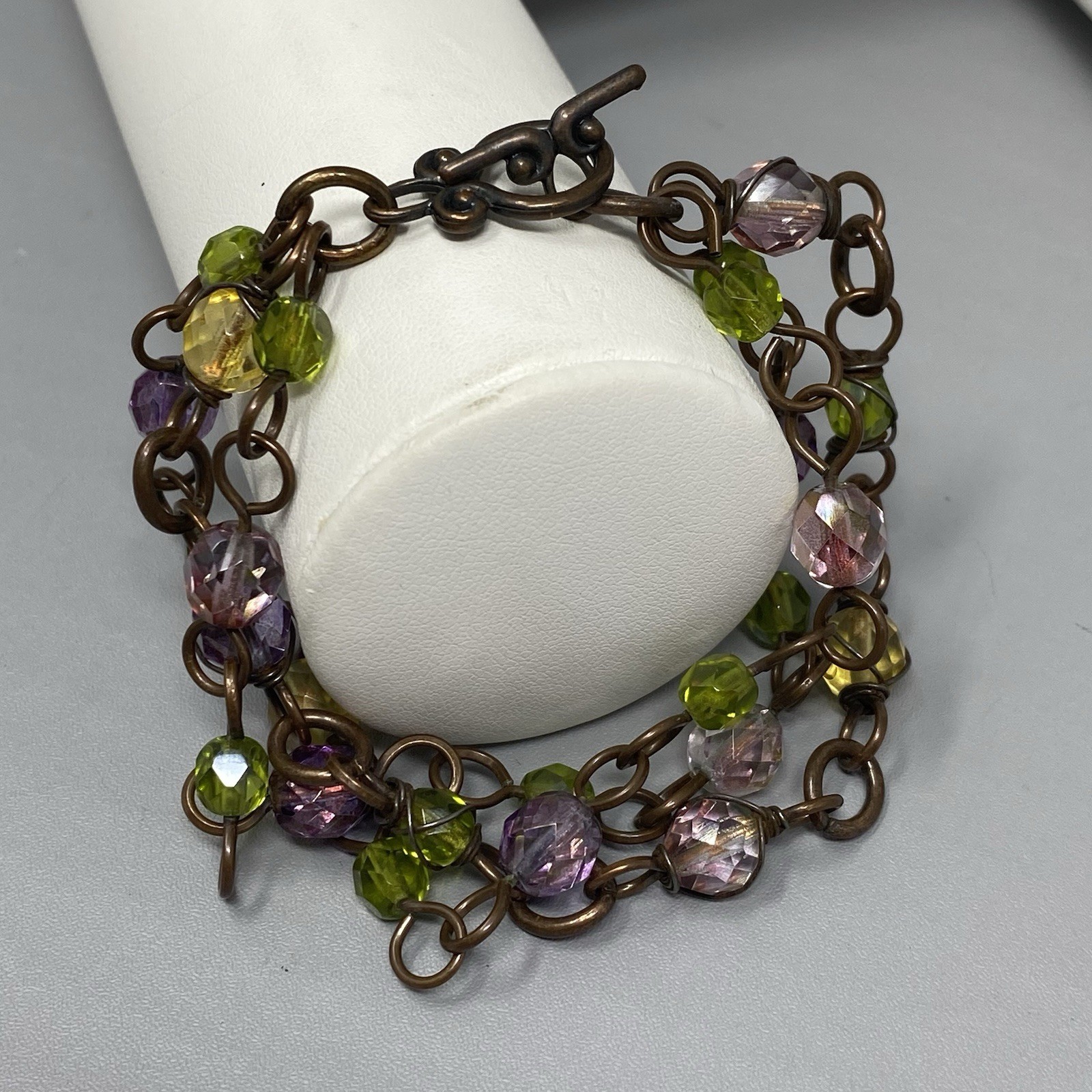 Glass Beaded Station Bracelet Layered Chain Faceted Toggle Copper Tone 6.5″