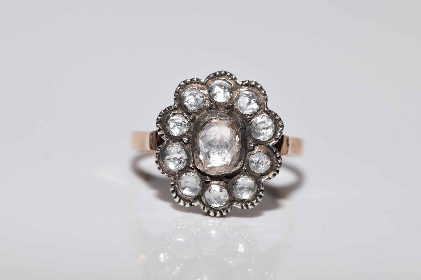 New Made 14k Gold Top Silver Natural Rose Cut Diamond Decorated Ring