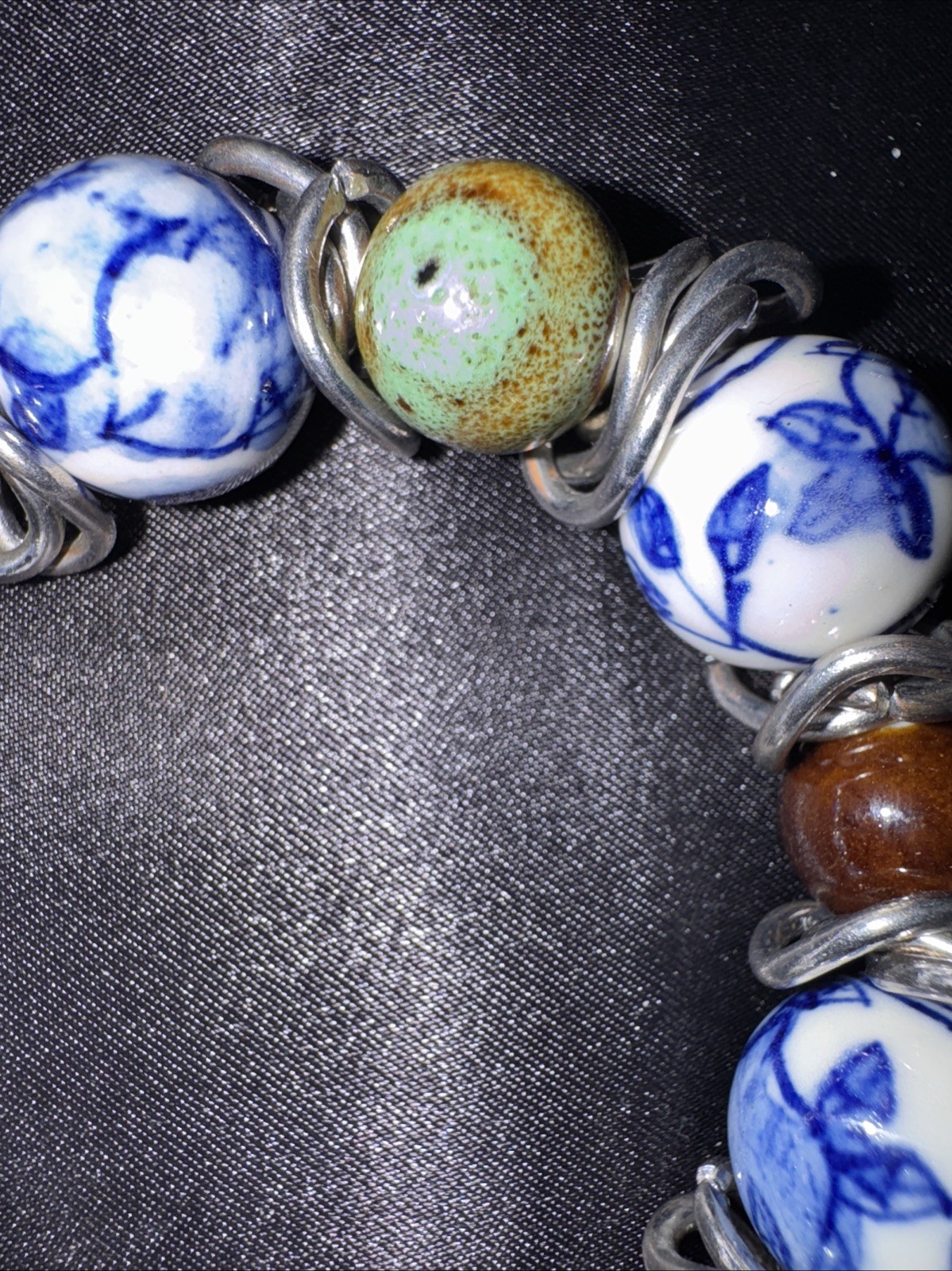 Artisan Ceramic Bead Stretch Bracelet Blue White Porcelain Style Boho Jewelry