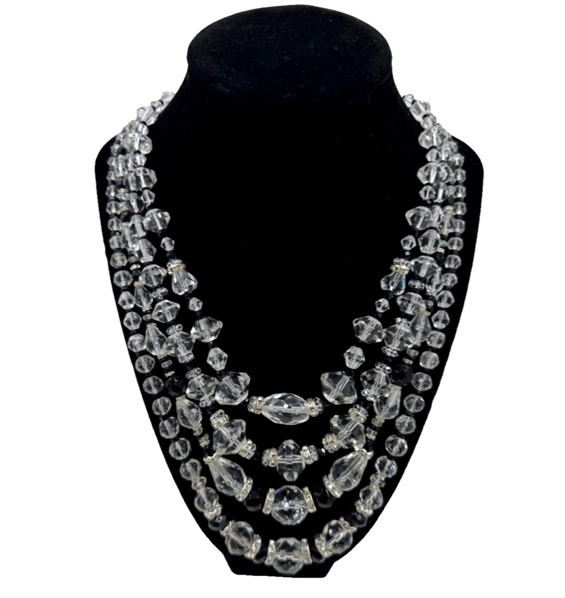 ANTIQUE WHITE & JET BLACK CRYSTAL OLD VNTG MULTISTRAND 4 ROW NECKLACE CHOKER 17″