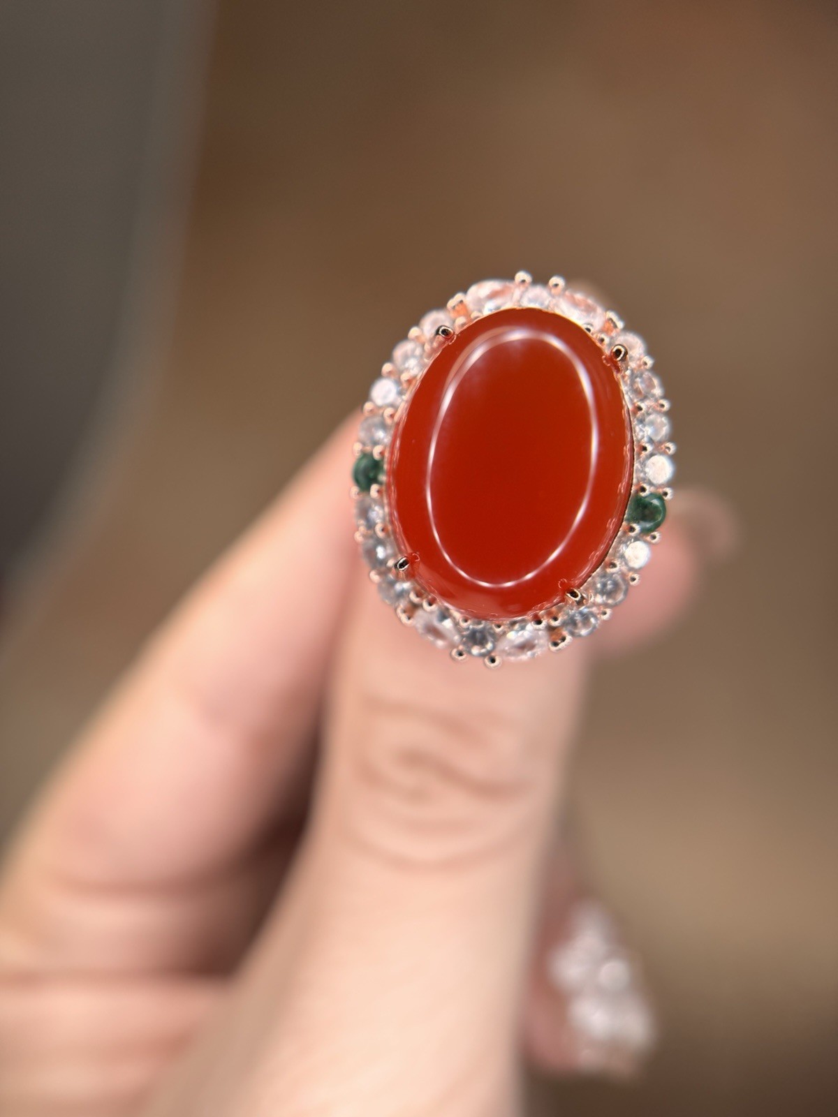 Natural Red Agate Oval Ring | Rose Gold Tone | Adjustable Band