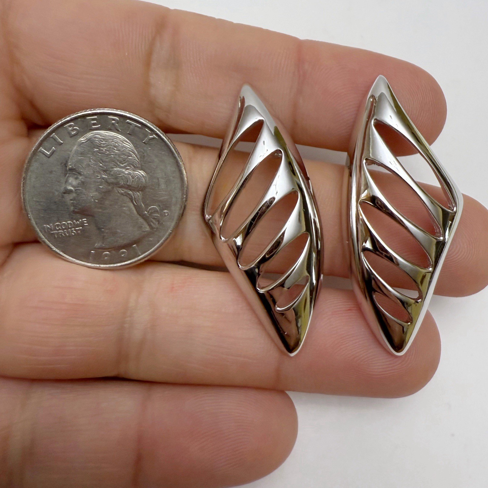 Vintage MONET Modernist Openwork Asymmetrical Post Earrings Silvertone