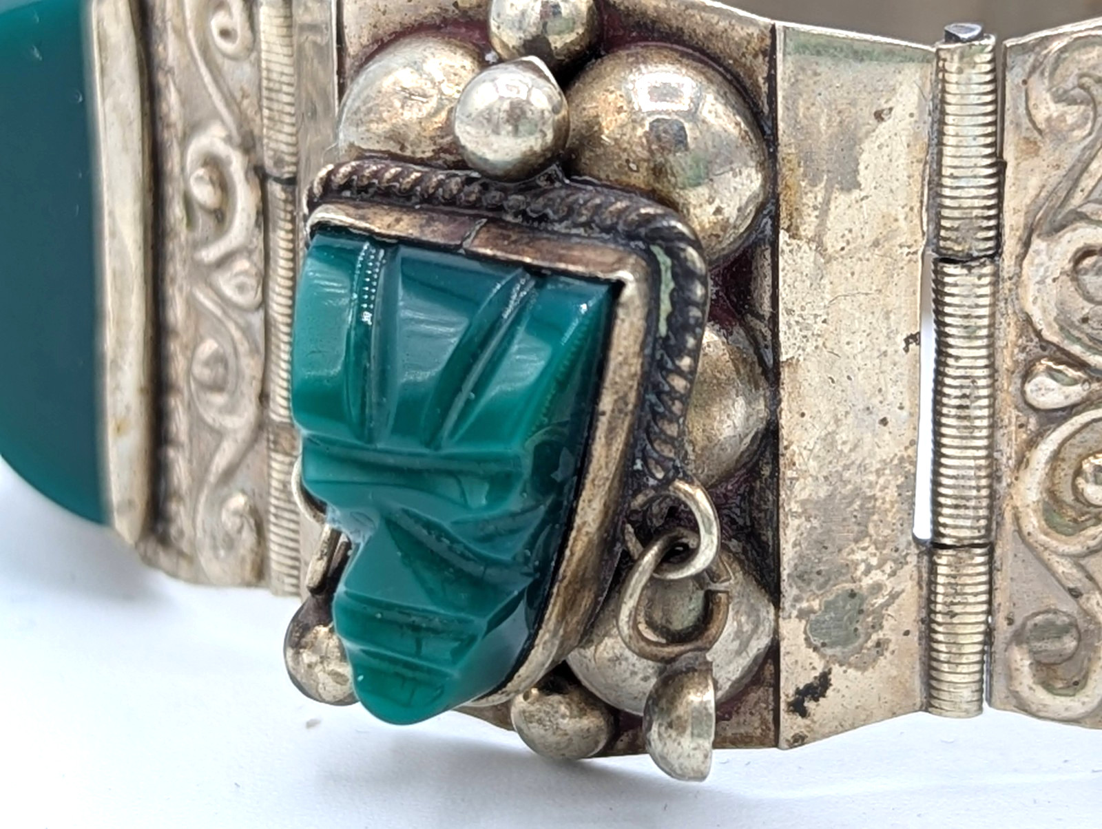 Vintage Sterling Silver Green Panel Bracelet Taxco Mexico Aztec face mask
