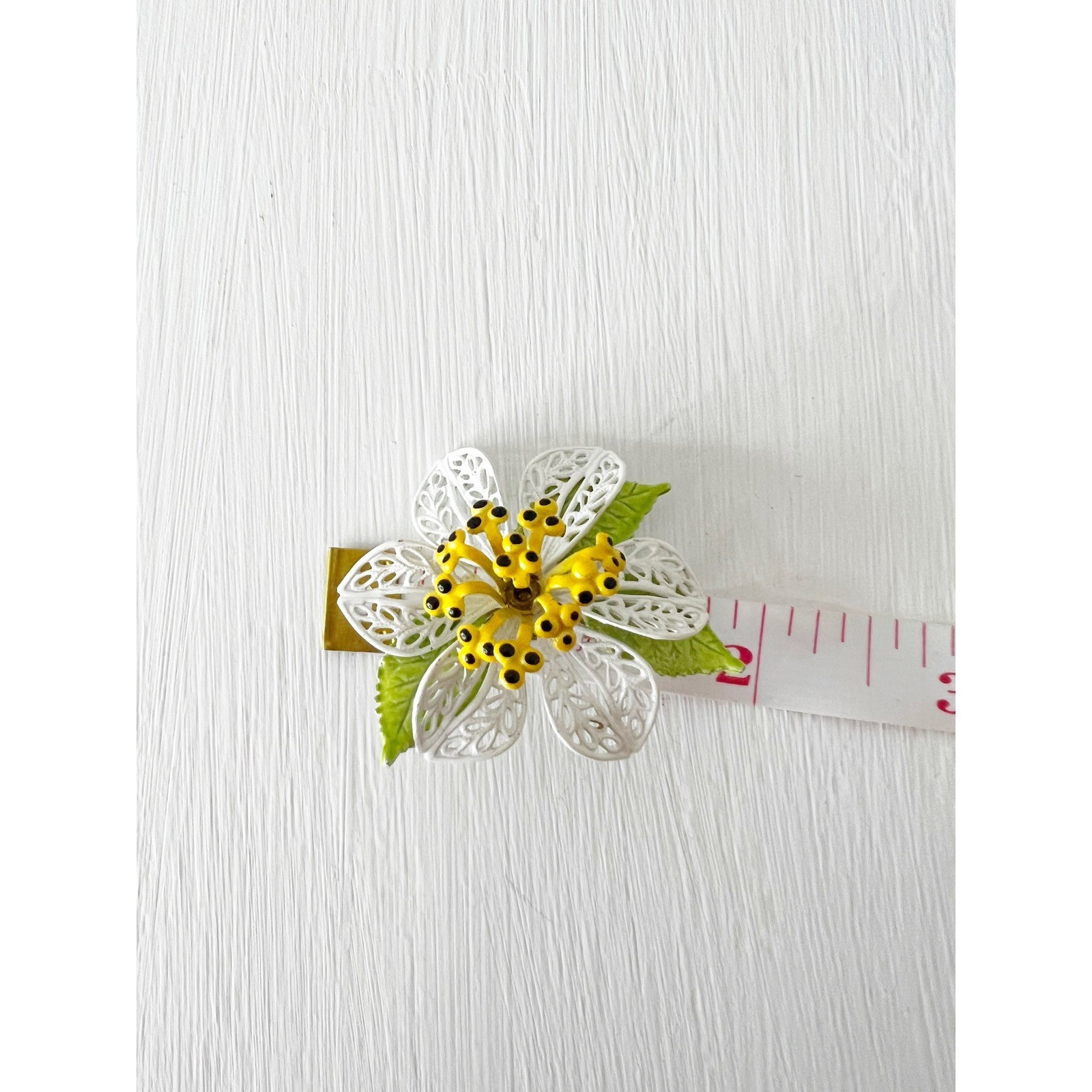 1960s Flower Brooch White Yellow Enamel Filigree Vintage Floral Pin