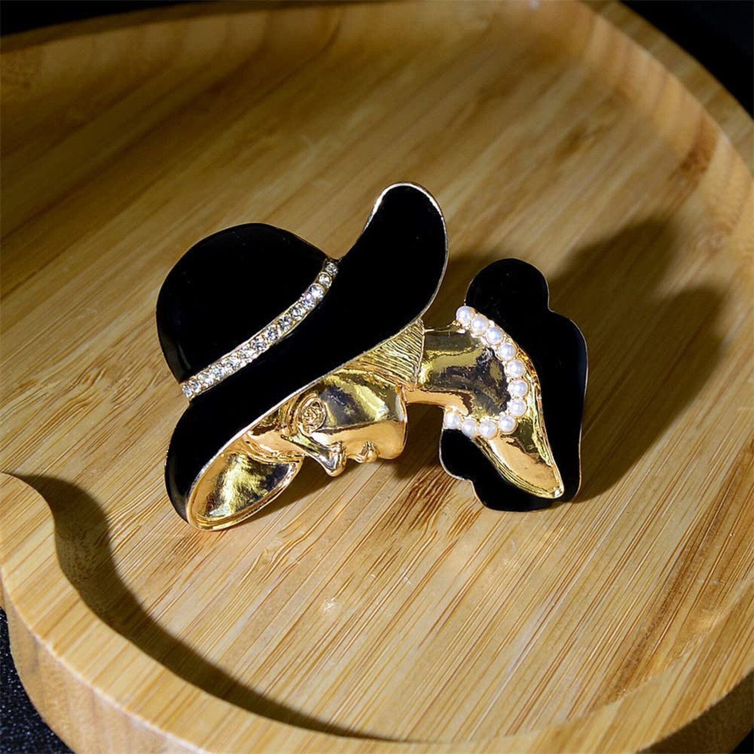 KAWADU Vintage Alloy Rhinestone Brooch Painting Oil Black Sun Hat Pretty Lady…
