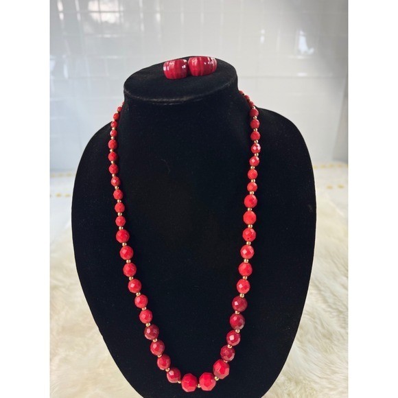 Vintage Red Faceted Bead Necklace and Matching Red Enamel Clip On Hoop Earrings