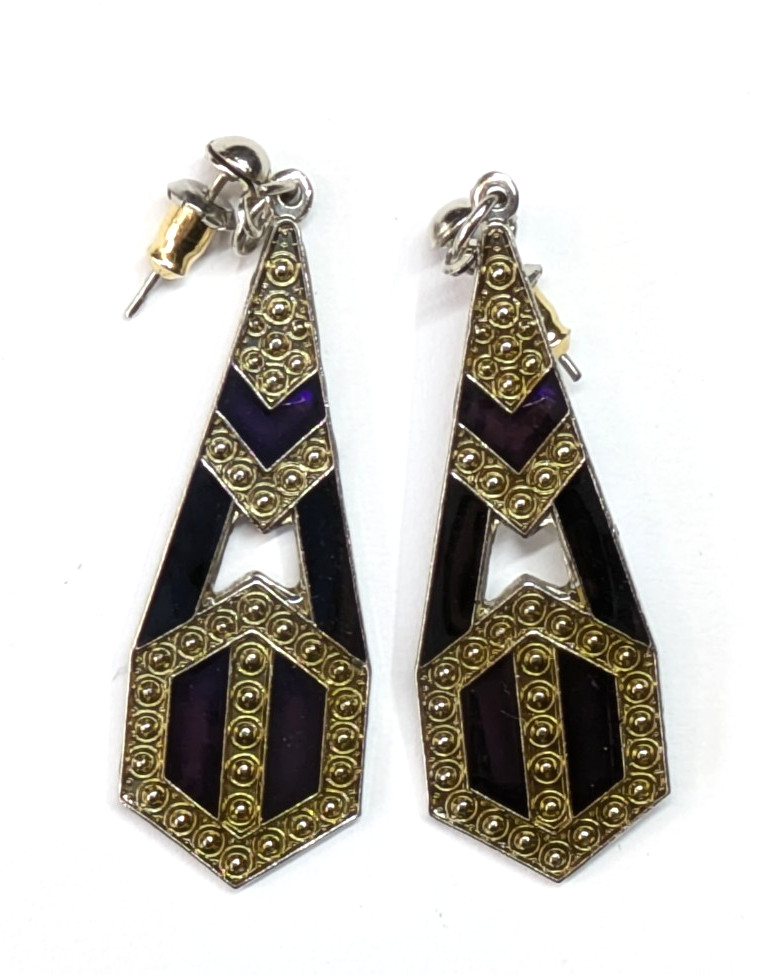 VTG Purple & Black Enamel Art Deco Style Pierced 2 1/8″ Drop Earring Silver Tone