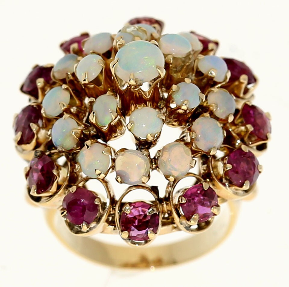 Antique Natural Ruby Opal Cluster Ring 4.10CT Yellow Gold Size 3.75