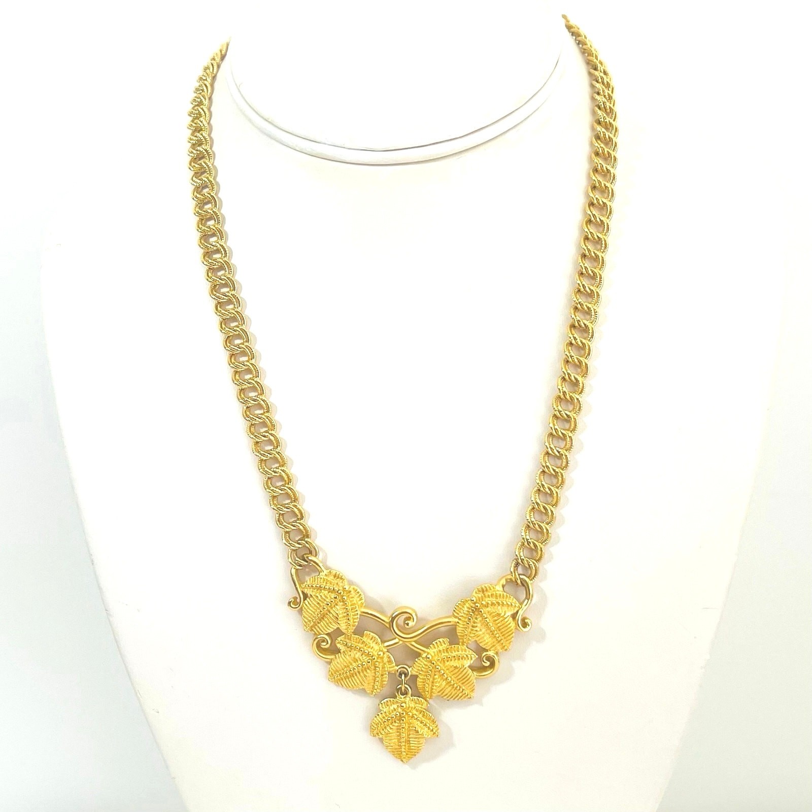 Vtg Leaf Cluster Cascading Art Nouveau Necklace Pendant Chain Link Gold Tone
