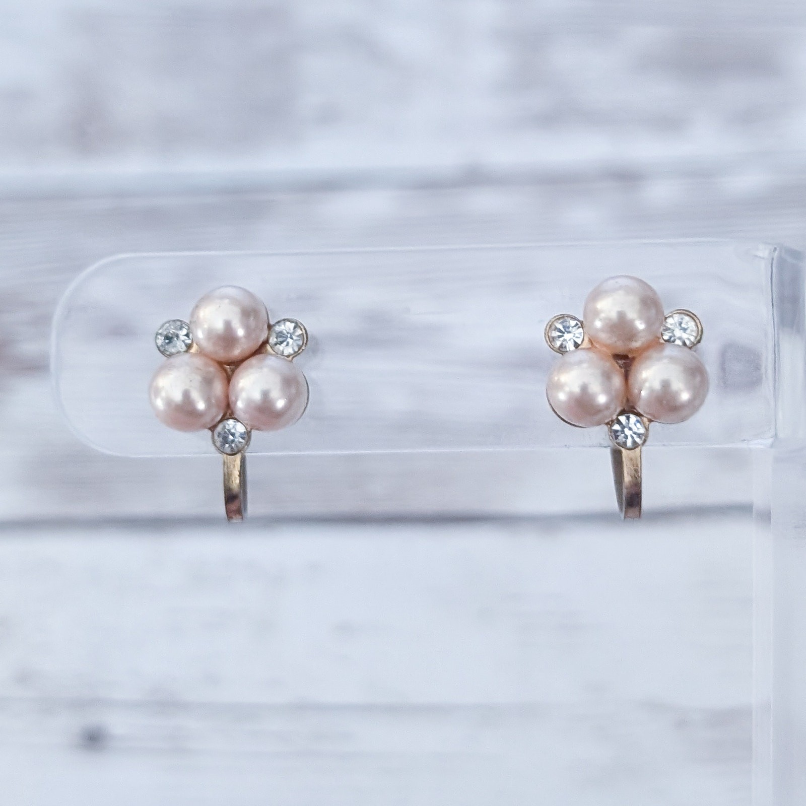 Vintage Screw Back Earrings Dainty Faux Pearl & Clear Gem Trio 0.5″