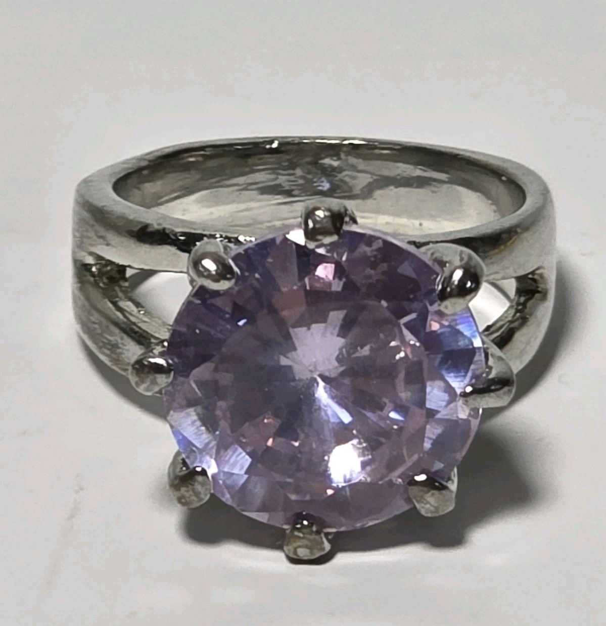 Vtg Purple Faceted Glass Silver Plated Double Shank Solitaire Ring Sz 5.25 (J2)
